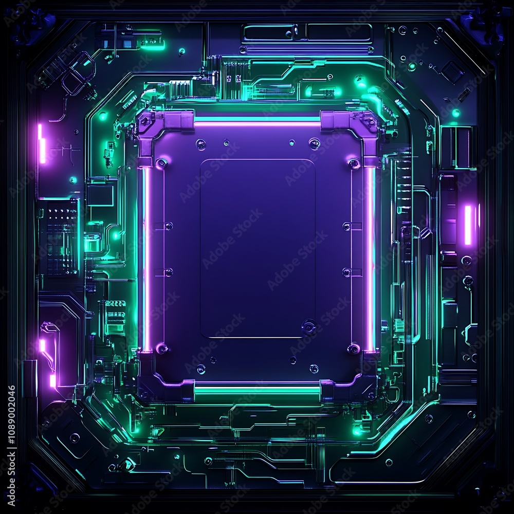 Poster futuristic circuit board design with neon lights and tech elements for digital backgrounds, graphics