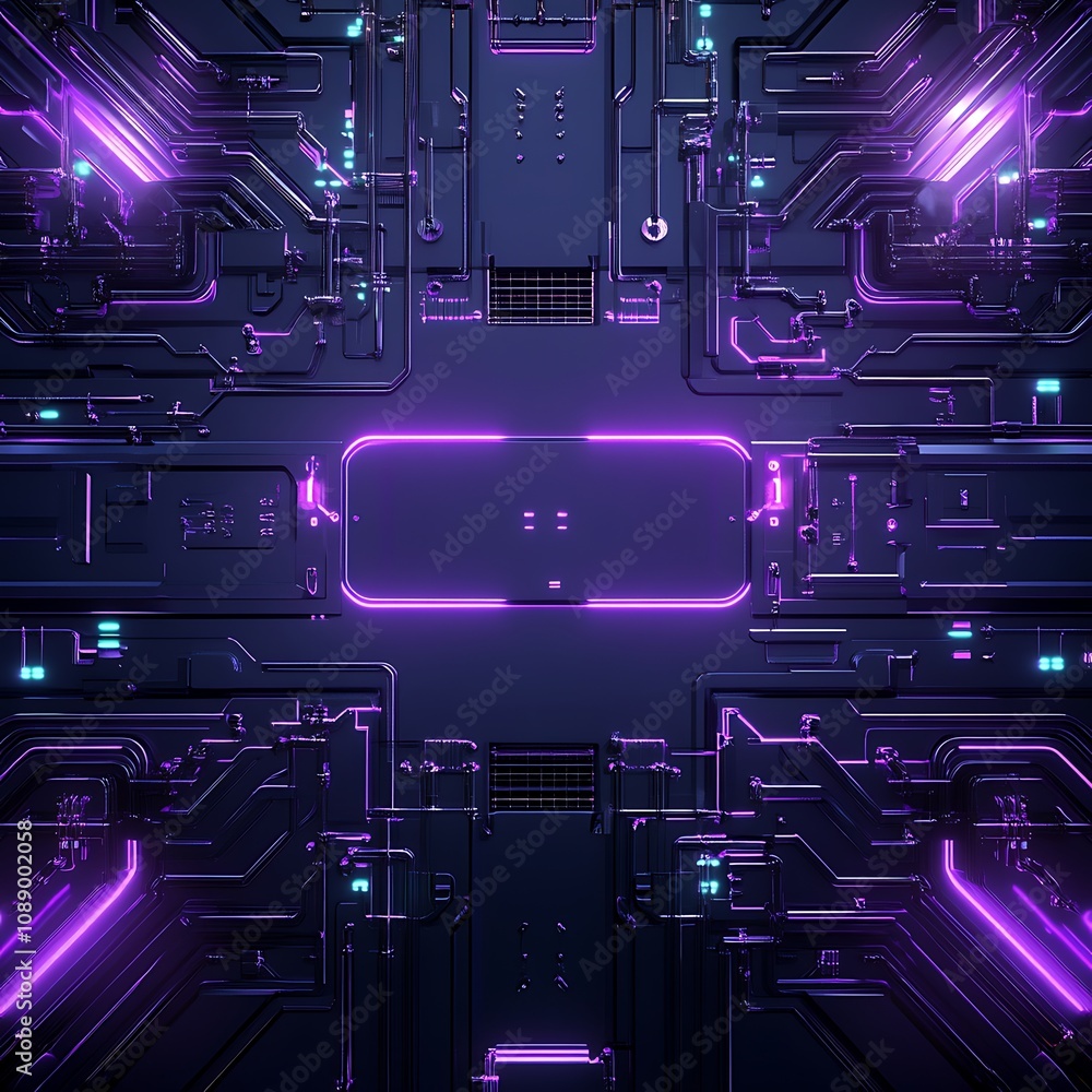 Poster futuristic circuit board design with neon lights, abstract technology background featuring geometric