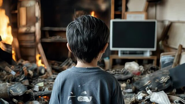 Child in a Cluttered Room with Burning Fire