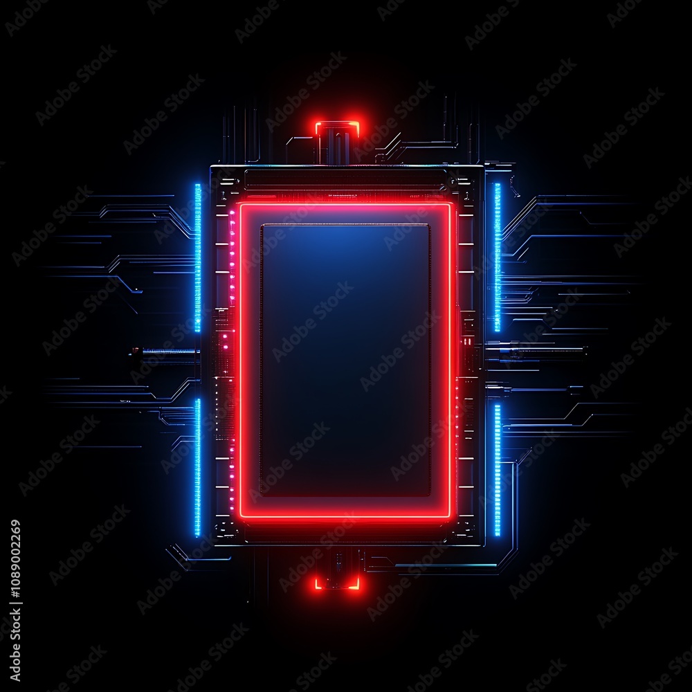 Poster futuristic circuit board with glowing neon lights surrounding a blank screen, ideal for technology t