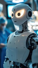 Fototapeta premium Humanoid robot assistant in operating room with surgeons in background