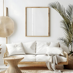 scandi-boho style living room interior with frame mockup, 3d render with a white accent, minimalism, png
