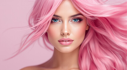 Fototapeta premium A woman with pink hair and blue eyes poses against a pink backdrop, radiating confidence and allure