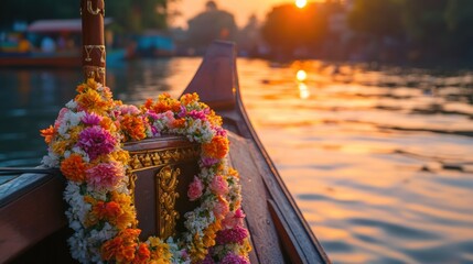 A beautifully decorated boat helm with colorful garlands of flowers, reflecting the peaceful atmosphere of a serene waterway at sunset.