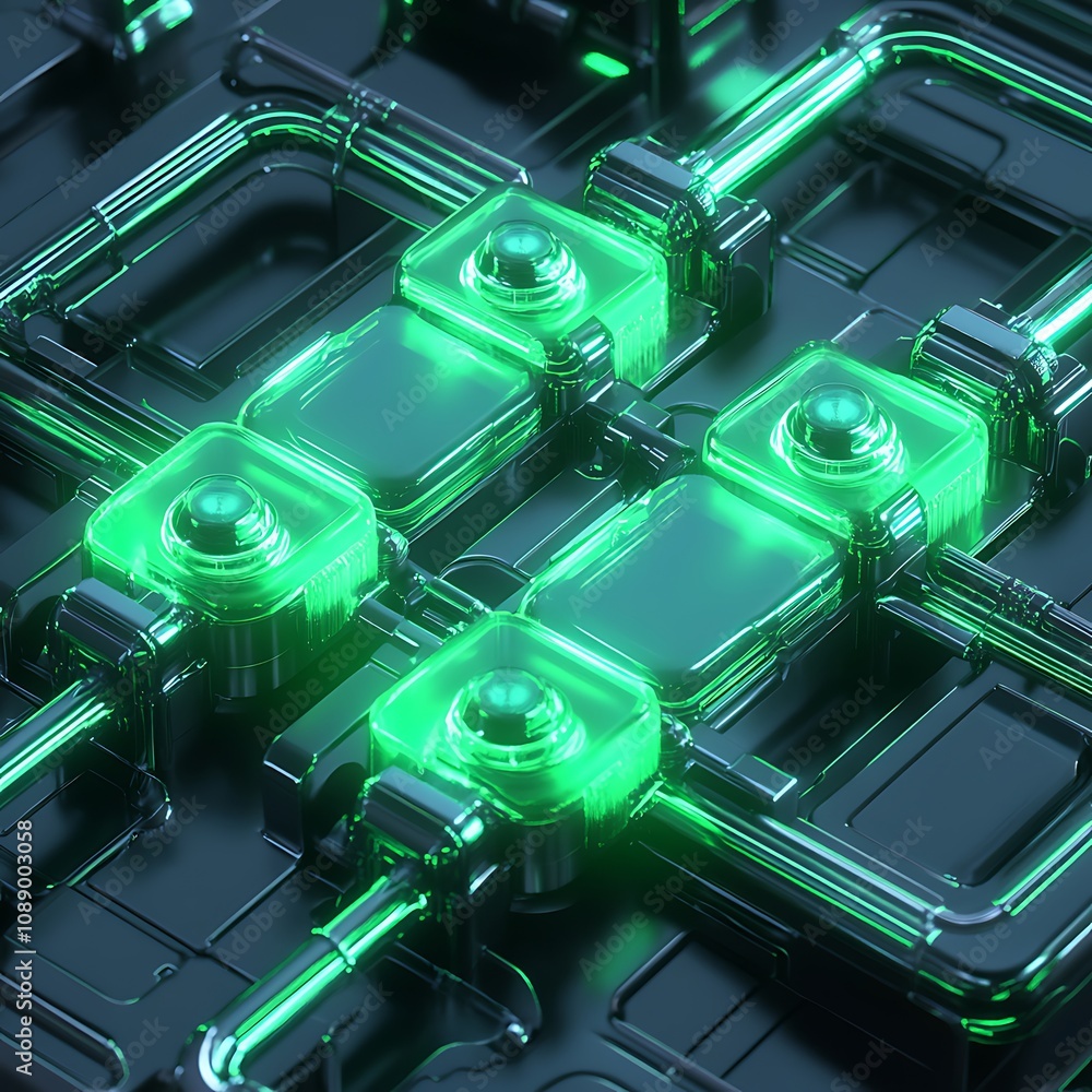 Poster futuristic close-up of glowing green electronic components on a dark background with intricate circu