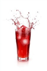 A tall glass filled with red liquid and ice cubes is captured in motion with a dynamic splash rising above the glass, isolated on a white background