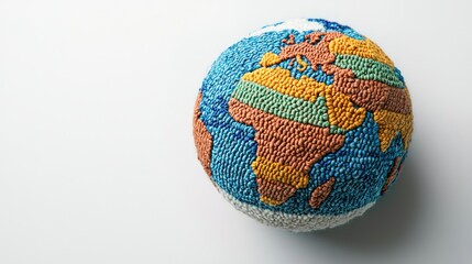 Colorful globe illustration knitting surface, symbolizing global unity and environmental diversity.