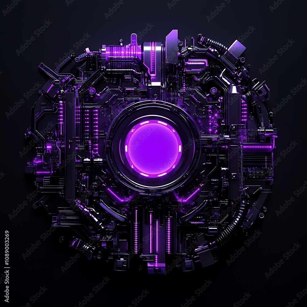 Poster futuristic cybernetic design featuring intricate circuit patterns and a central glowing element in a