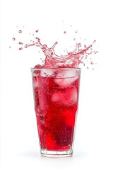 A tall glass filled with red liquid and ice cubes is captured in motion with a dynamic splash rising above the glass, isolated on a white background