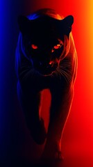 A sleek black panther walking forward, partially illuminated by deep blue and orange neon lights, with glowing eyes and a background of dark, vibrant neon gradients.