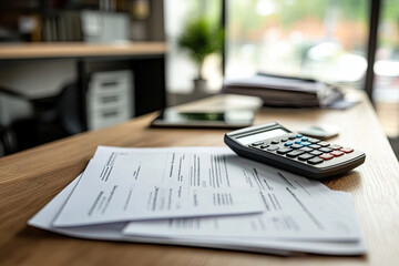 Stack of invoices and calculator on an office desk