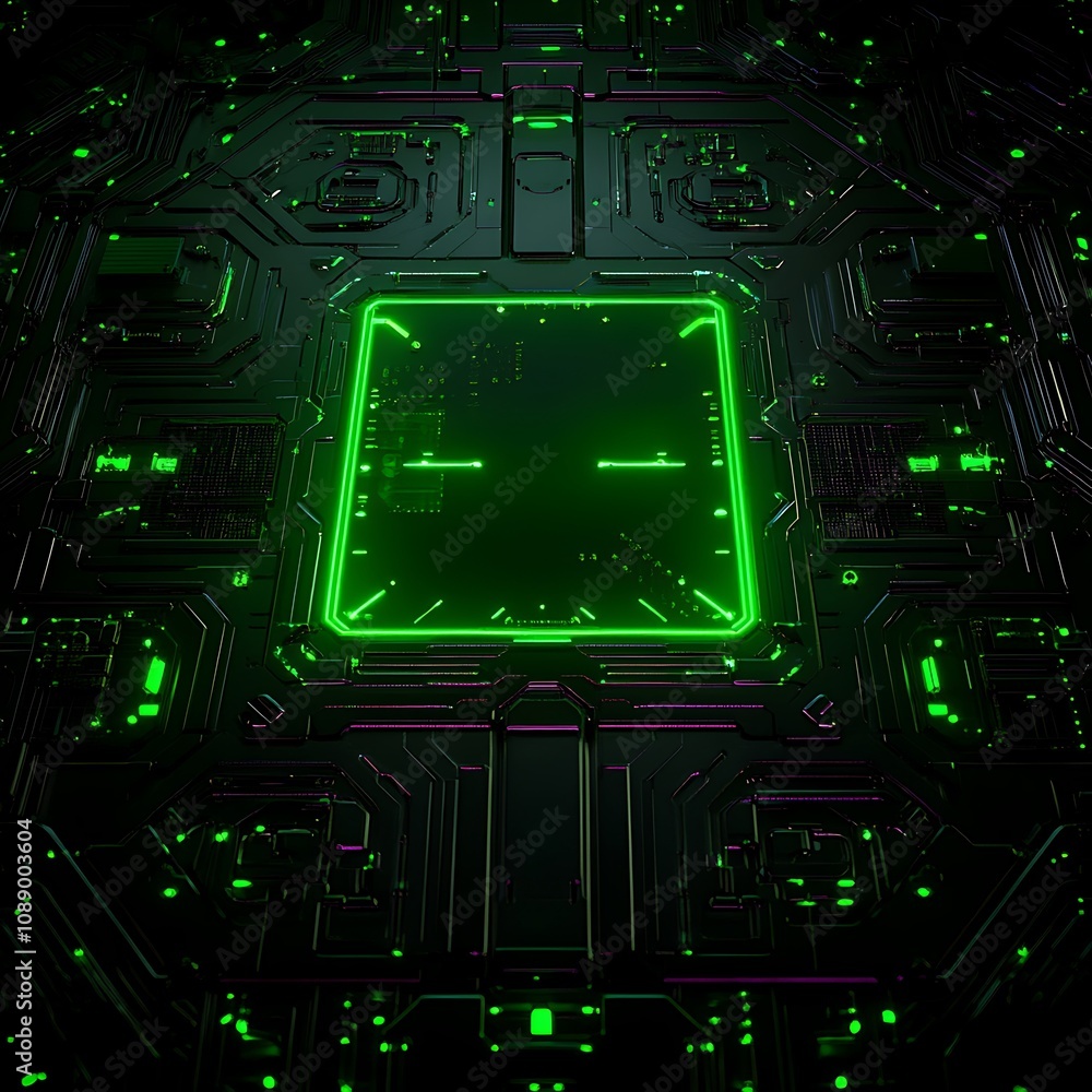 Poster futuristic digital circuit board design with vibrant green accents and complex microchip patterns in