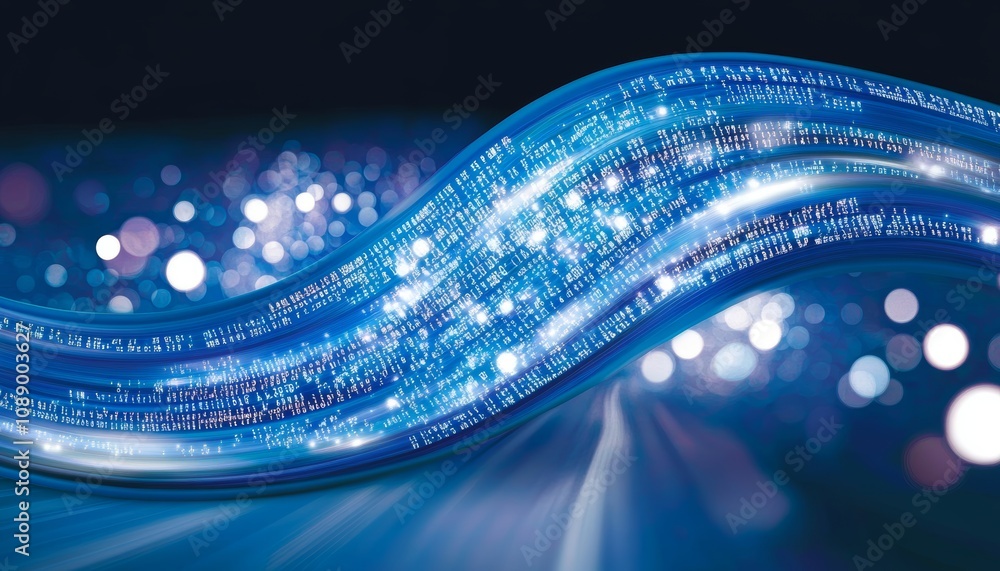 Poster blue data stream with flowing binary code. technology background. information transfer