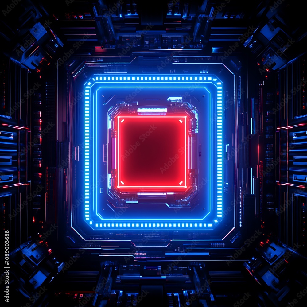 Poster futuristic digital circuit board with glowing blue and red lights, high-tech processor in a dark env