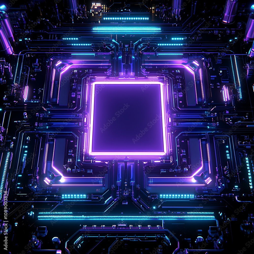 Poster futuristic digital circuit board with neon lights and abstract technology design in a dark environme
