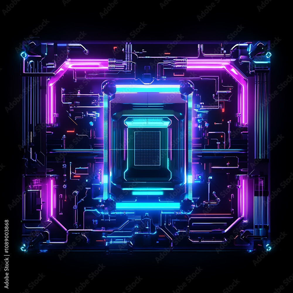 Poster futuristic digital circuit board with neon lights and intricate patterns showcasing advanced technol