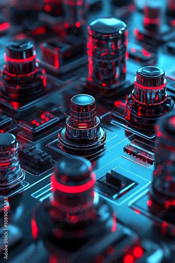 Poster futuristic digital control panel with illuminated buttons and high-tech components in a glowing red 