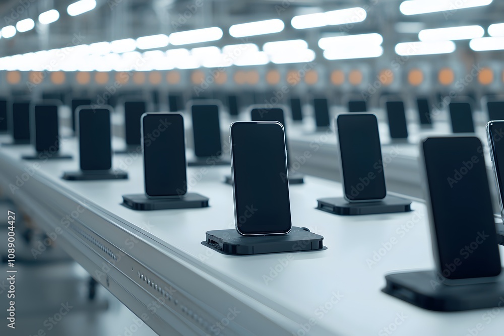 Poster smartphones moving through a testing conveyor belt – a high-tech scene of quality control and produc