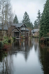 Residential neighborhood submerged in floodwaters from heavy rainfall