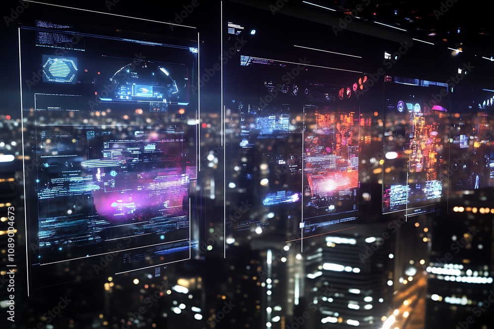 Wall mural cyberpunk cityscape: futuristic digital interface and data streams at night. a captivating blend of 