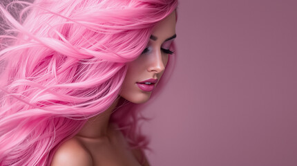 Naklejka premium A model showcases vibrant pink hair styled elegantly against a soft pink backdrop, radiating confidence and creativity