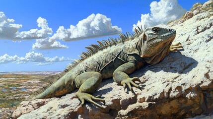 Magnificent Iguana Basking on Sun-Drenched Rock Formation Under a Vivid Blue Sky
