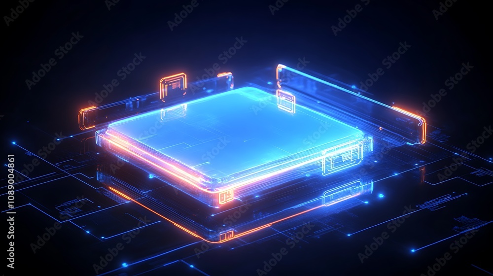 Poster futuristic digital processor with neon lights and circuit patterns emitting bright reflections in a 