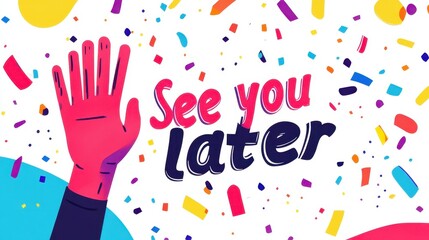 A waving hand glows on a minimalist backdrop with playful confetti and See you later text