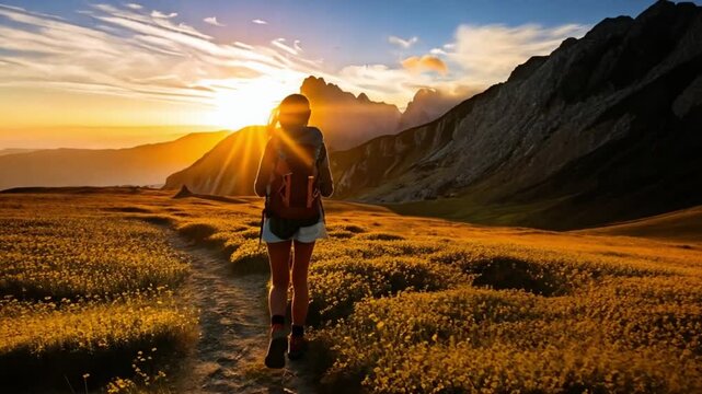 広大な山岳地帯でバックパックを背負った旅行者が夕日に向かって歩く