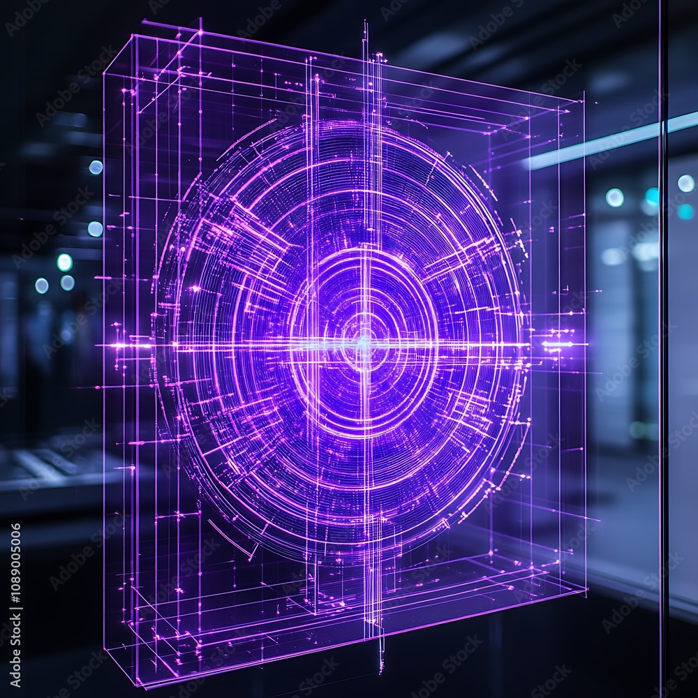 Poster futuristic digital visualization of circular data waveform with purple neon glow on transparent surf
