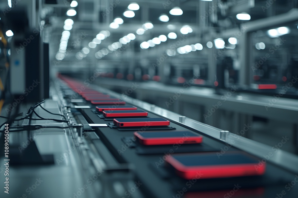 Poster smartphones moving through a testing conveyor belt – a high-tech scene of quality control and produc