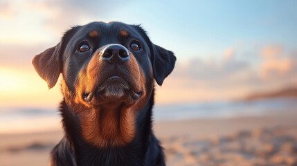 Obraz premium Rottweiler dog on beach at sunset, alert expression, close-up portrait, serene background, strong loyal breed, peaceful atmosphere, ocean waves in evening light