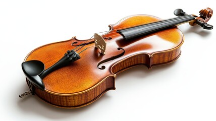 Obraz premium Classic Violin: A beautifully crafted, wooden violin with a rich, warm varnish. The instrument is elegantly positioned on a clean, white surface.
