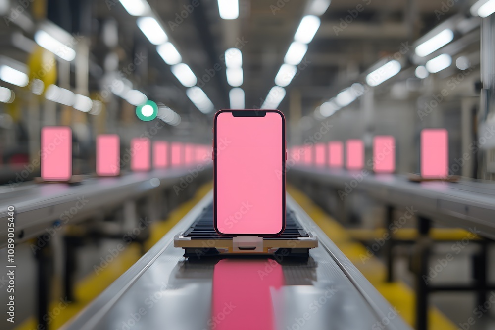 Poster smartphones moving through a testing conveyor belt – a high-tech scene of quality control and produc