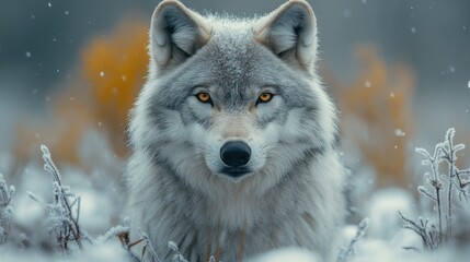 Obraz premium White wolf in snowy landscape, intense gaze, close-up wildlife portrait, winter season, majestic animal, natural habitat, snow falling, wild outdoors
