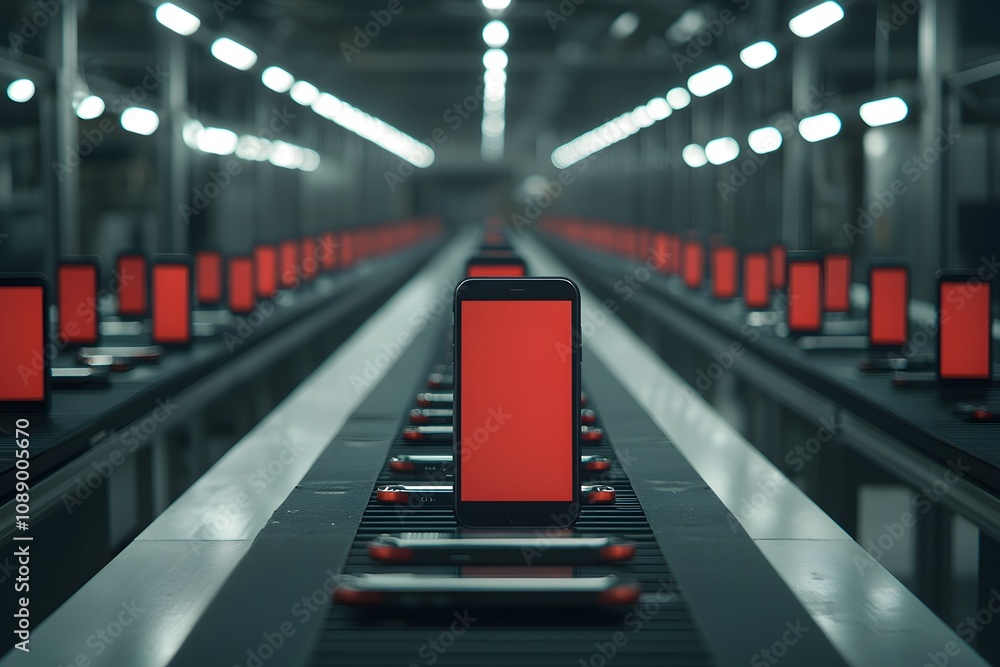 Poster smartphones moving through a testing conveyor belt – a high-tech scene of quality control and produc