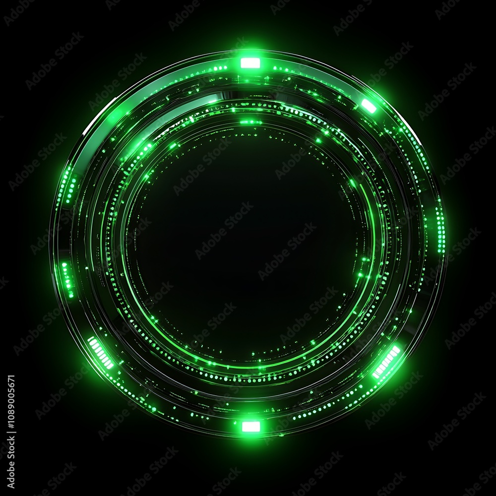 Poster futuristic green circular interface design with glowing digital elements on a dark background for te