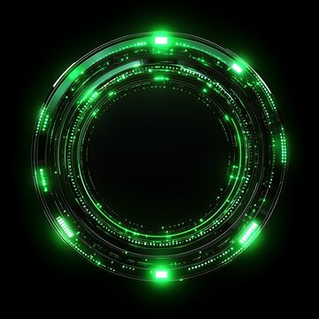 Futuristic Green Circular Interface Design with Glowing Digital Elements on a Dark Background for Technology and Sci-Fi Concepts