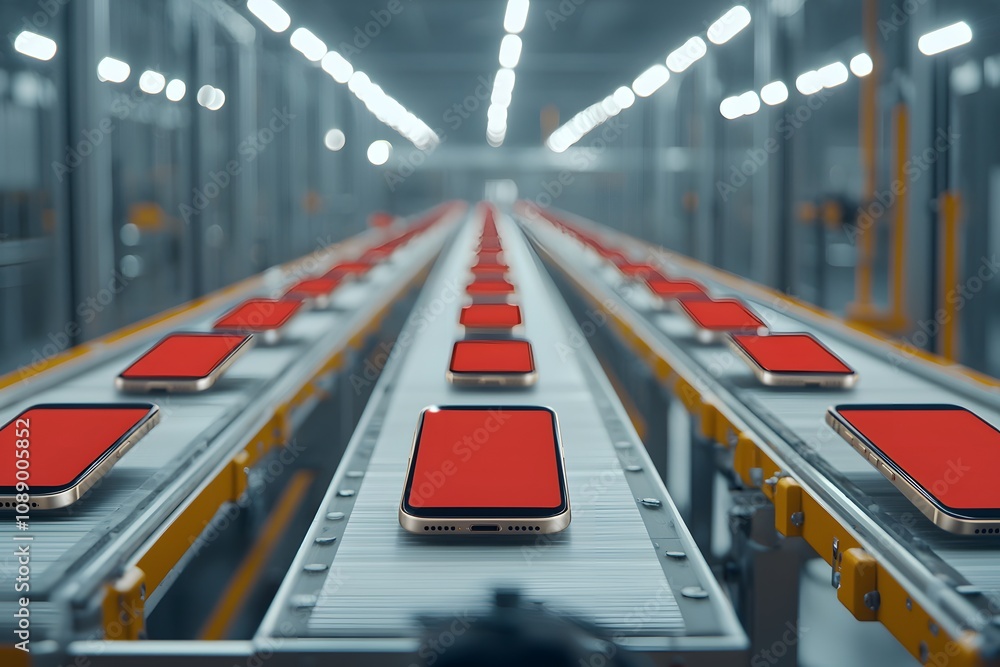 Poster smartphones moving through a testing conveyor belt – a high-tech scene of quality control and produc