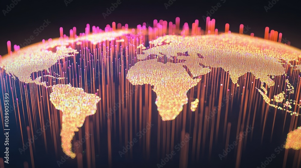 Poster a dynamic visualization of global cloud computing networks, with bright digital lines spanning conti