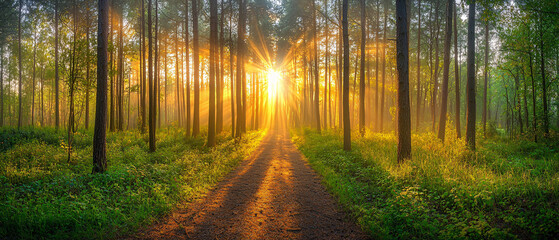 serene forest scene with sunlight streaming through tall trees, creating magical atmosphere. path invites exploration amidst lush greenery and warm light