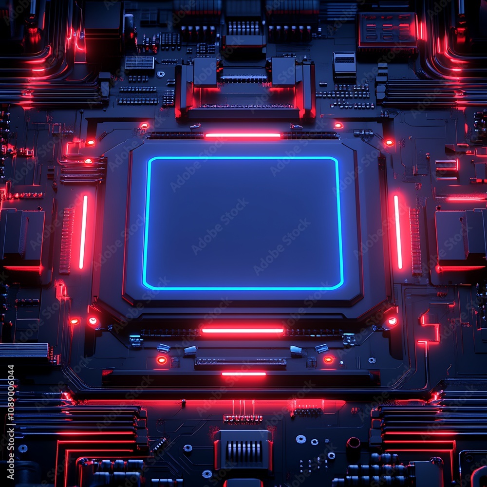 Poster futuristic microchip design with neon lights and circuit patterns showcasing a high-tech aesthetic f