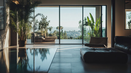 Obraz premium Modern living room with large windows showcasing a serene outdoor view and lush plants on a sunny day