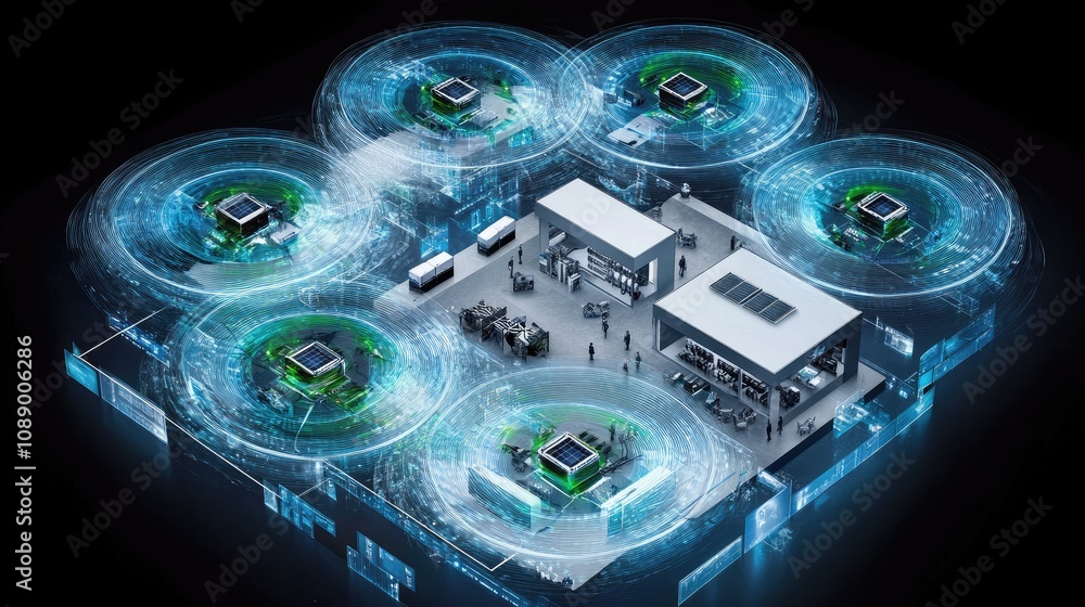 Poster a futuristic smart home showcasing energy-efficient tech optimizing power distribution based on real