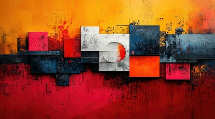 Abstract geometric art with vibrant red, orange, and blue hues on a textured background.