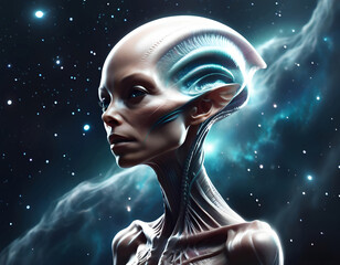 Alien women – captivating beings from space, AI-generated art. A fantastic blend of science fiction and art, showcasing mysterious creatures from distant galaxies.