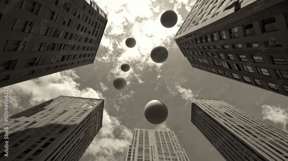 Poster a futuristic view of cloud icons above skyscrapers, representing interconnected networks and data tr