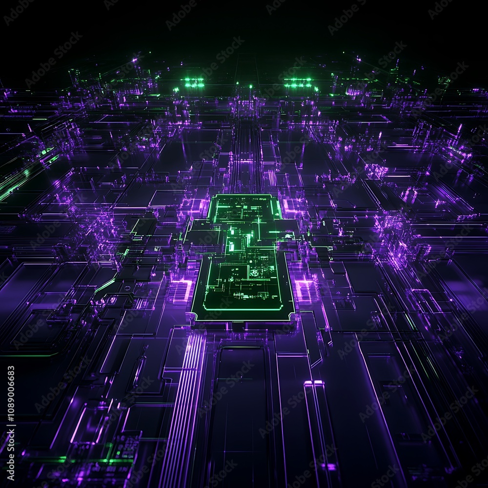 Poster futuristic neon circuit board design with abstract patterns and glowing components in green and purp