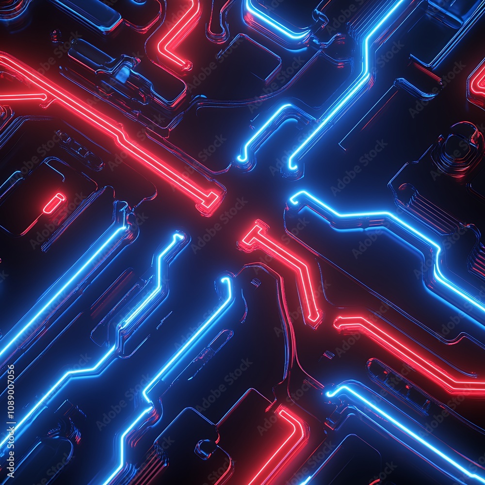 Poster futuristic neon circuit board with glowing lines and abstract patterns for technology concepts in di