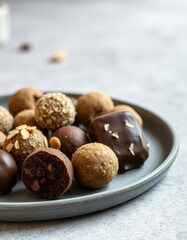 Delicious homemade energy balls and chocolate squares rest on a grey plate